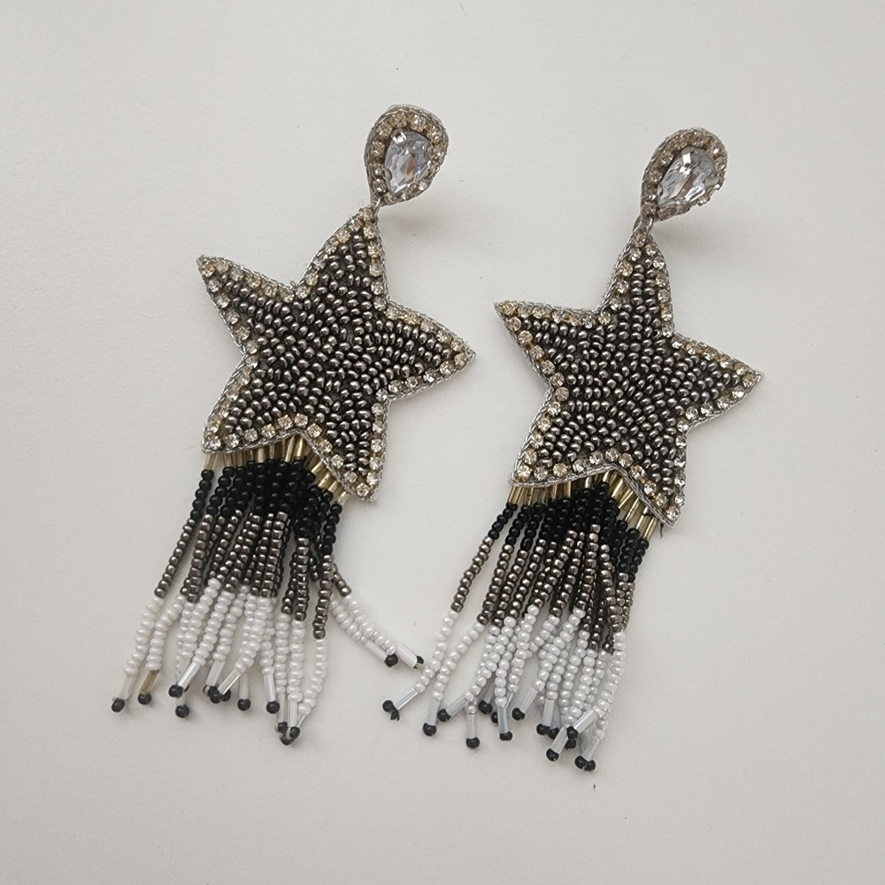 NEW Gray Black Star Seed Bead Fringe Dangle Earrings Boho